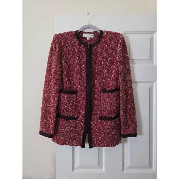 ST. JOHN Claret Red Black Tweed Boucle Wool Blend Knit Zip Front Jacket 10 - Picture 1 of 10